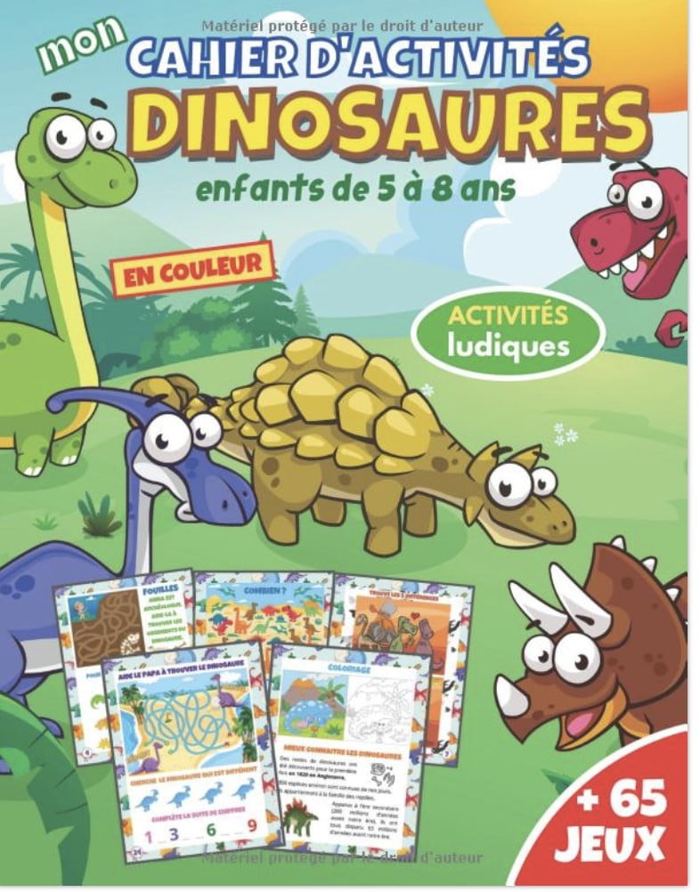 Cahier d'activités Dinosaures livre pour enfants de 5 à 8 ans en couleur | + 65 jeux et activités ludiques  mots mêlés, labyrinthes, coloriages - 40 pages A4