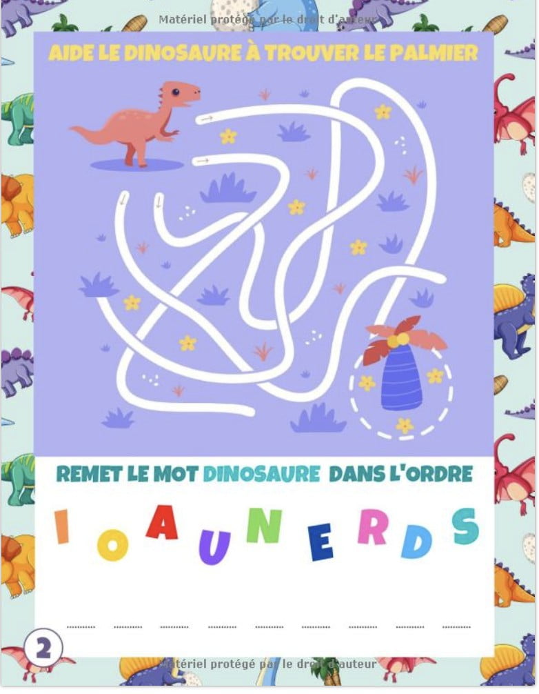 Cahier d'activités Dinosaures livre pour enfants de 5 à 8 ans en couleur | + 65 jeux et activités ludiques  mots mêlés, labyrinthes, coloriages - 40 pages A4