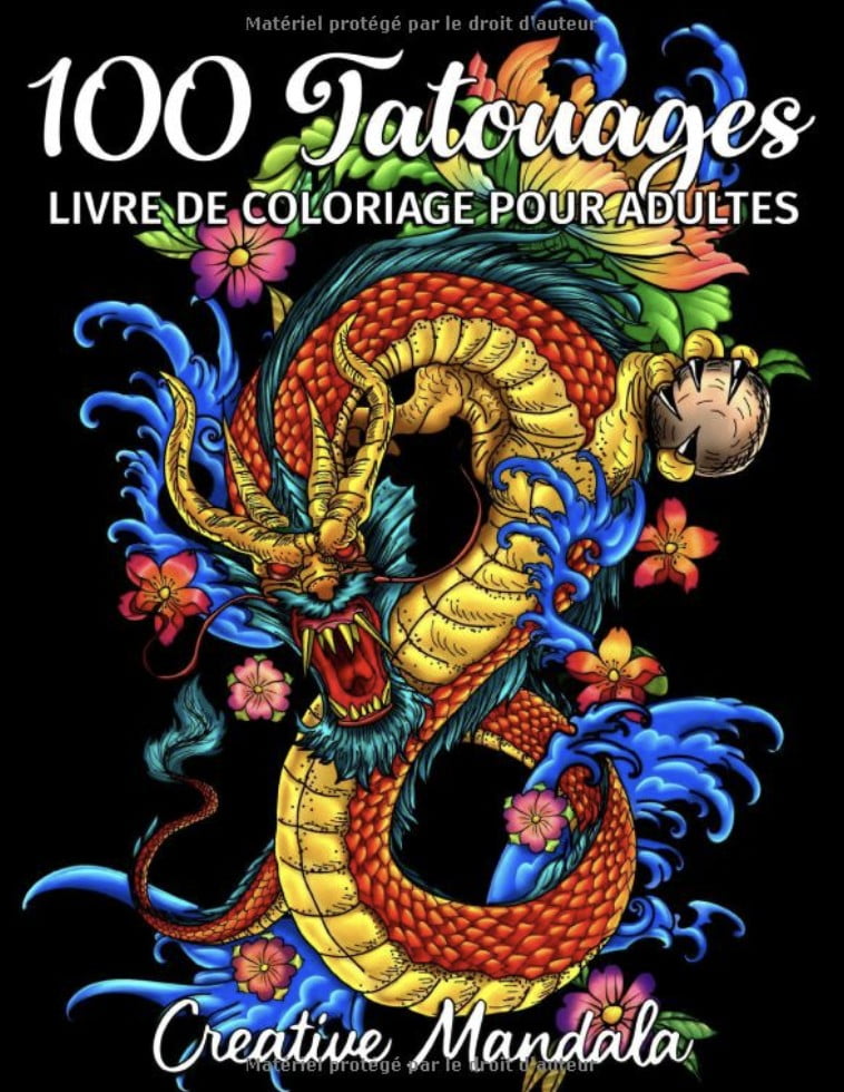 100 Tatouages - Livre de Coloriage pour Adultes 100 pages à colorier avec de beaux tatouages (crânes, femmes, dragons, fleurs...) -211 pages Format A4
