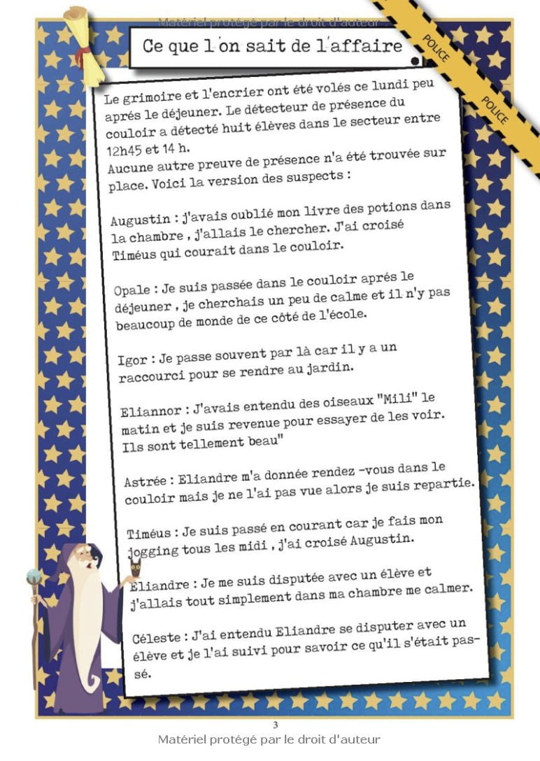 Résous l’enquête à l’école de Magie - 1 Enquête + 19 énigmes à résoudre Devient un enquêteur  Rébus, devinettes, messages secret, observation - 36 pages Format A4