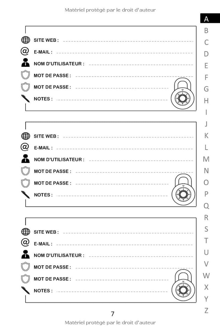Cahier pour identifiants et mots de passe Internet - répertoire alphabétique