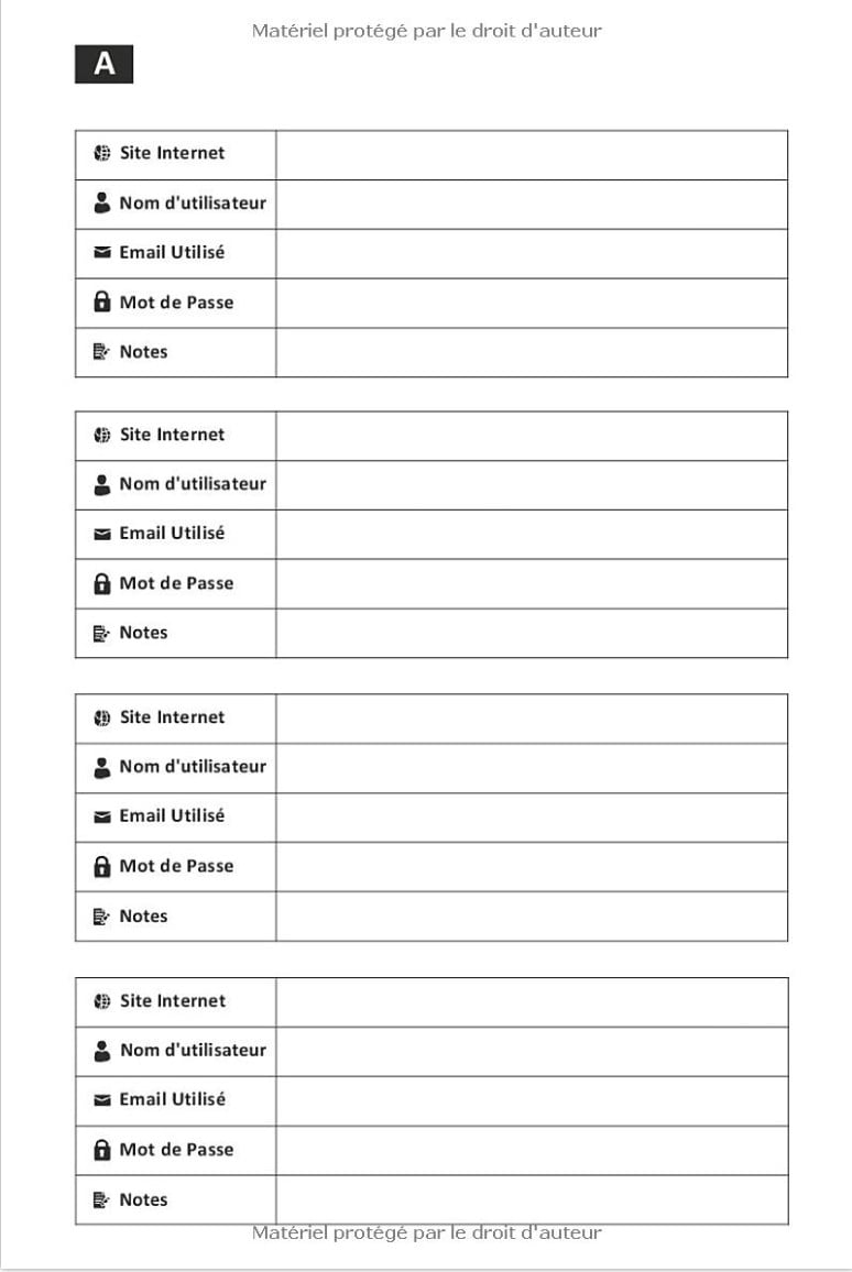 Carnet pour noter identifiants et mots de passe Internet - répertoire alphabétique