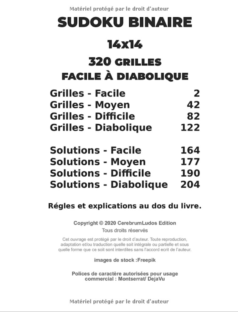 Puzzles Sudoku Adulte Binaire 14x14 FACILE à DIABOLIQUE Livre de Sudoku Binaire pour adultes