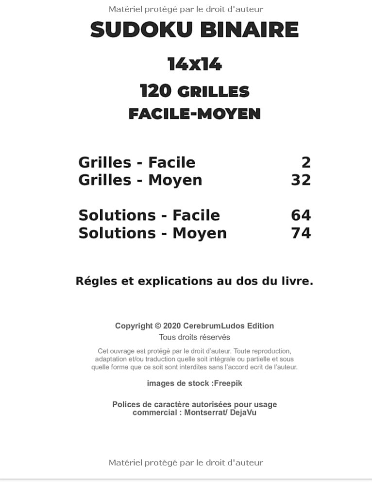 Puzzles Sudoku Adulte Binaire 14x14 FACILE - MOYEN