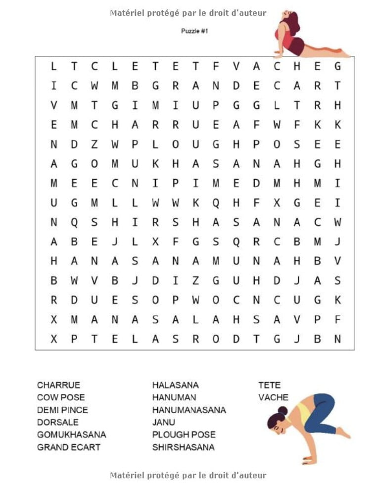 Mots mêlés gros caractères Yoga 20 grilles joliment illustrées sur le thème du yoga