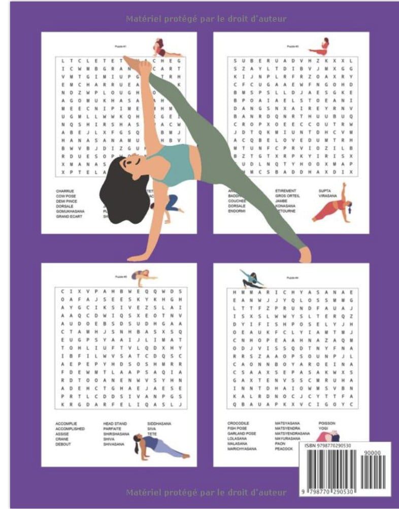Mots mêlés gros caractères Yoga 20 grilles joliment illustrées sur le thème du yoga