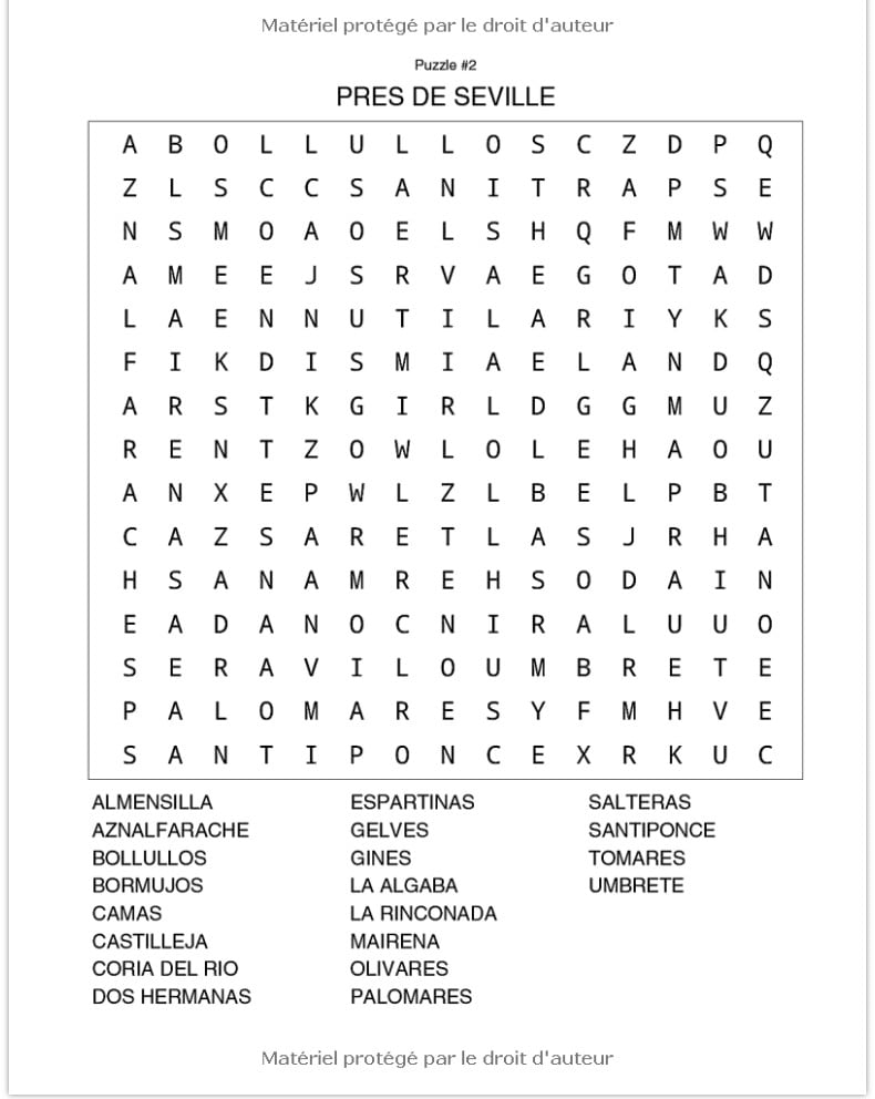 Mots mêlés gros caractères 40 grilles de mots cachés pour retrouver les noms de villes et villages espagnols par région