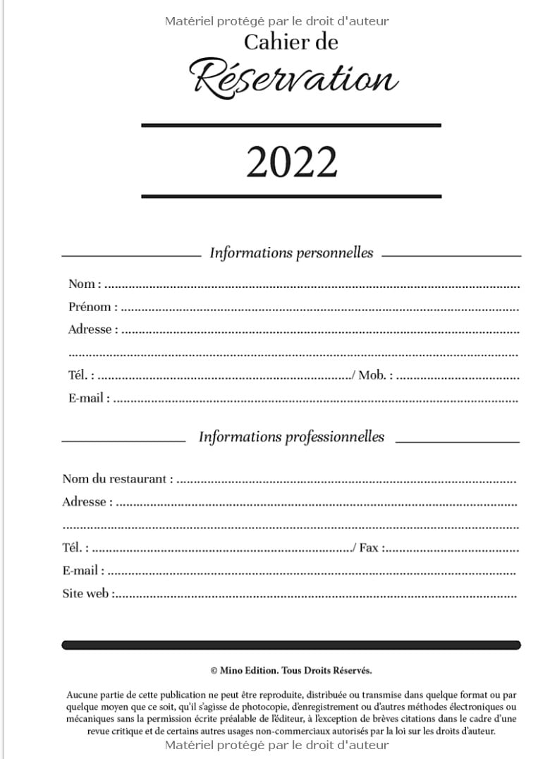 Cahier de réservation 2022 pour restaurant - Agenda de réservation 365 jours