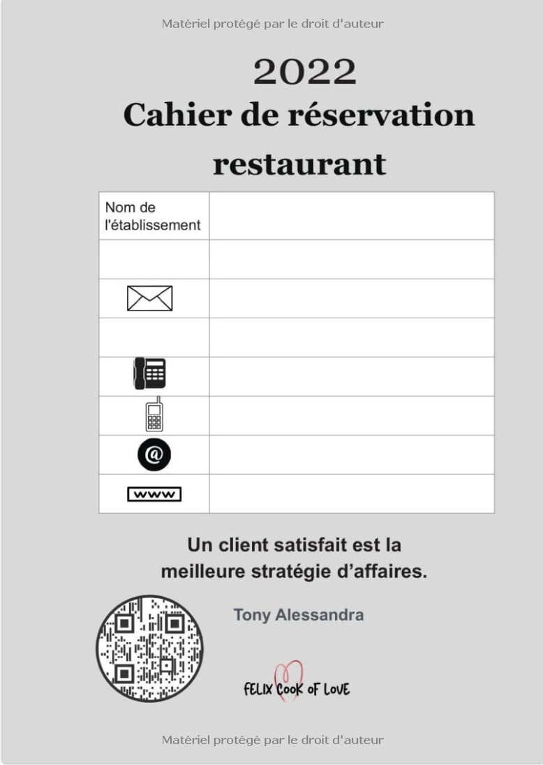 Cahier de réservation restaurant 2 pages par jour