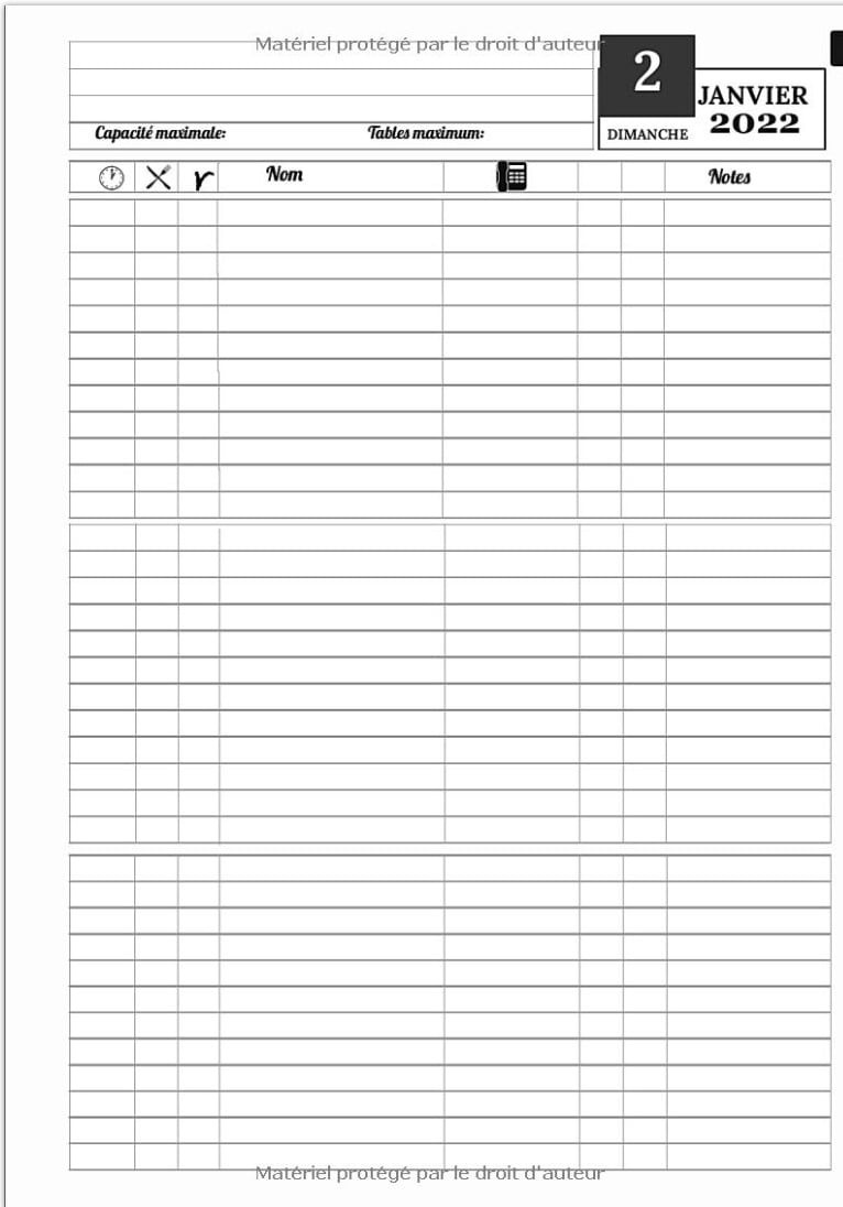 Cahier de réservation restaurant Une page par jour, format A4