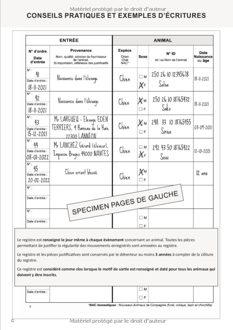 Registre des Entrées Sorties des Animaux Domestiques Conforme CERFA 50 4510 avec exemples d'écritures