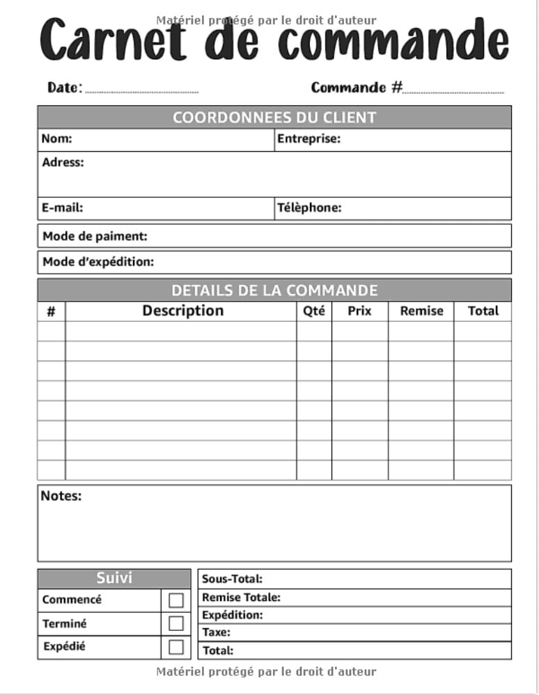 Carnet de Commande Organisateur des commandes clients : Carnet de commandes auto entrepreneur