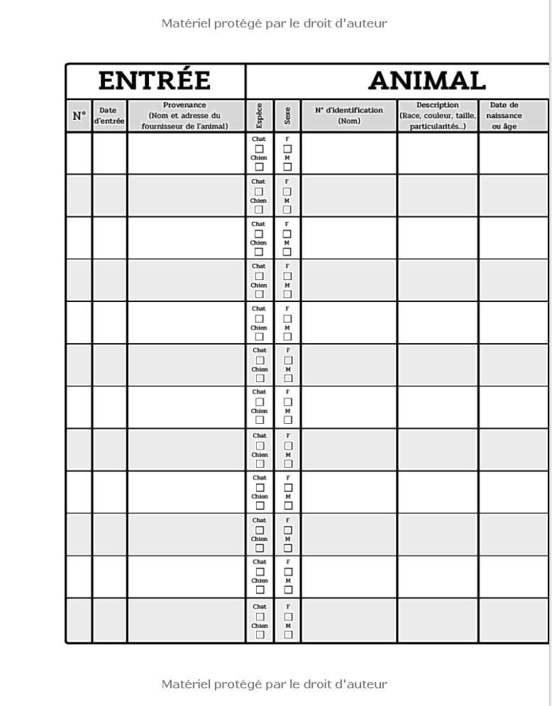 Registre des entrées et sorties chiens et chats registre d'élevage pour animaux domestiques