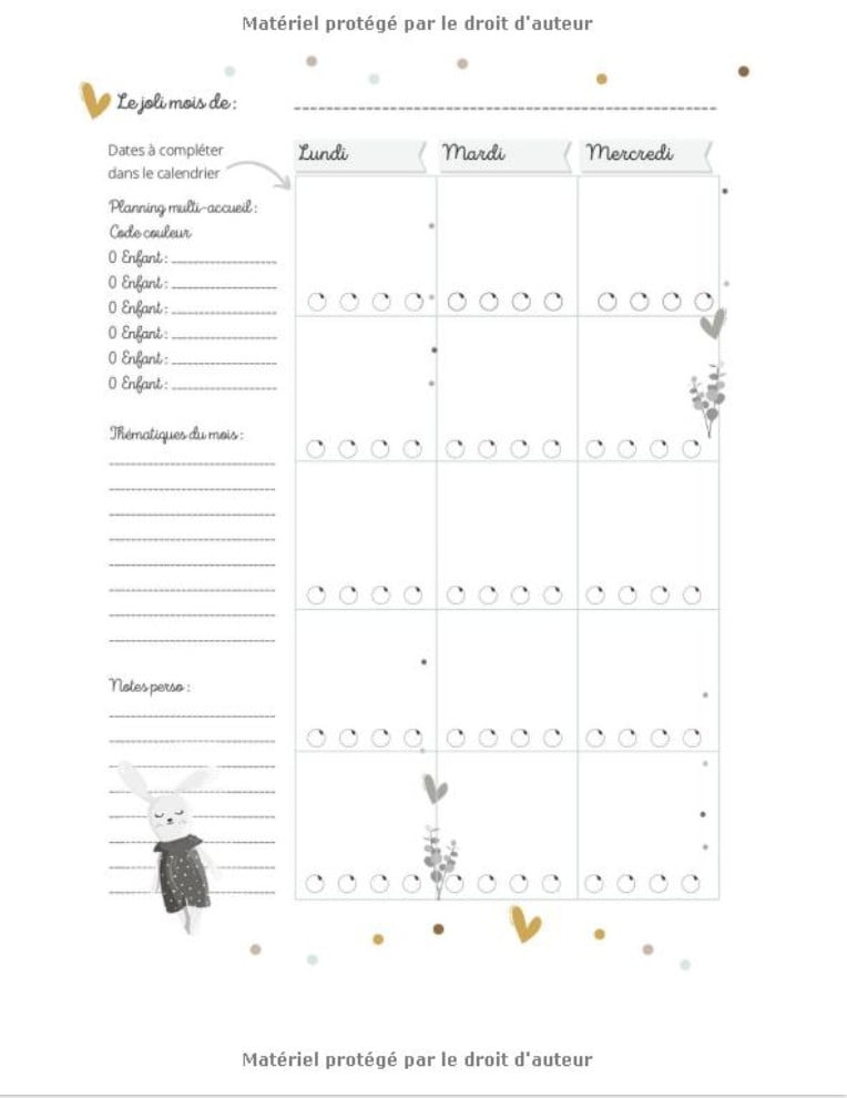 AGENDA Assistante-maternelle super organisée : Plannings de présence, relevés d'heures, pré-déclaration