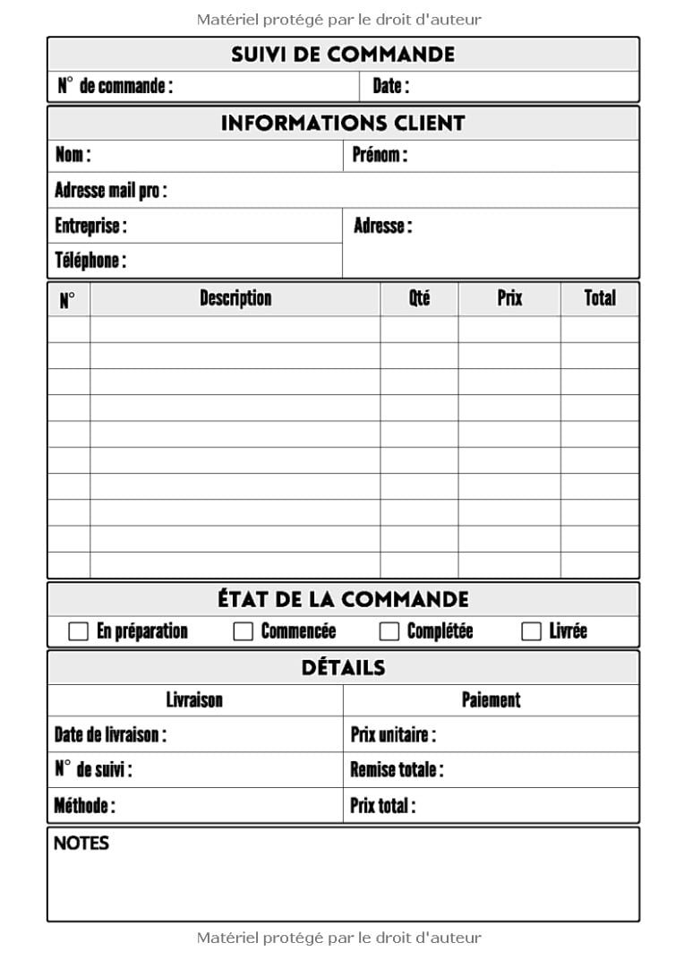 Carnet de Commandes Auto Entrepreneur Saisie des Commandes Clients, Informations, Statut pour les Micro Entreprises