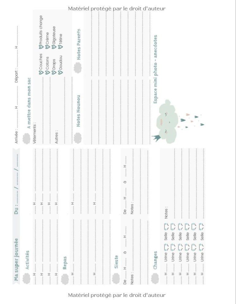 CAHIER DE LIAISON PARENTS/NOUNOU - DUREE 1 AN "Une année de bonheur avec Nounou"