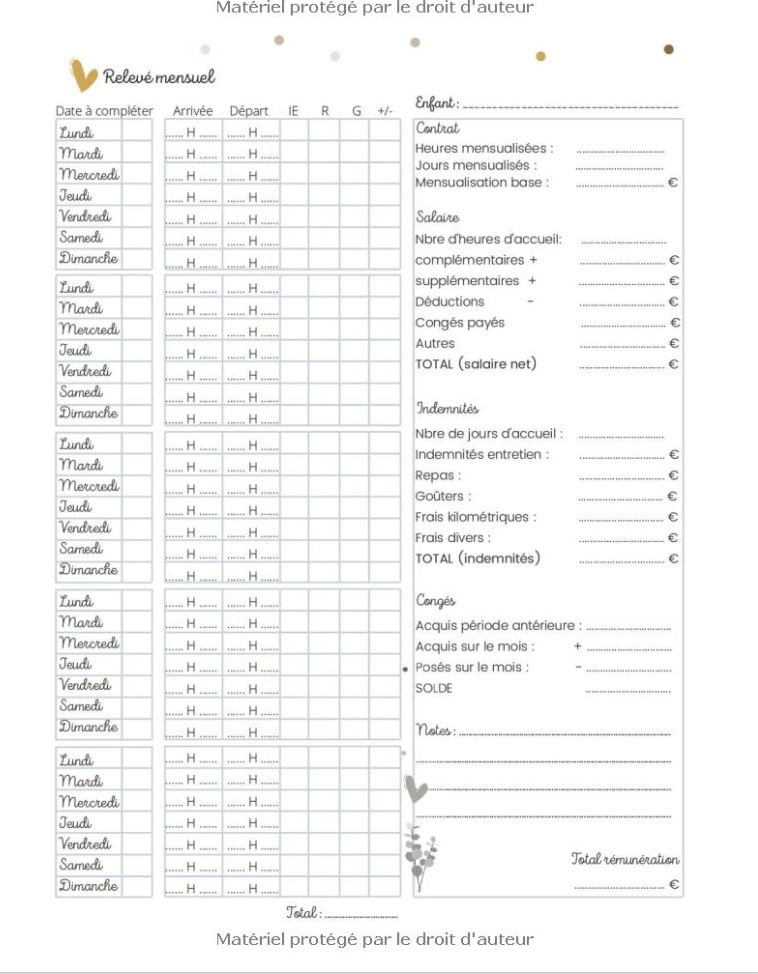 AGENDA Assistant-maternel super organisé : Plannings de présence, relevés d'heures, pré-déclaration