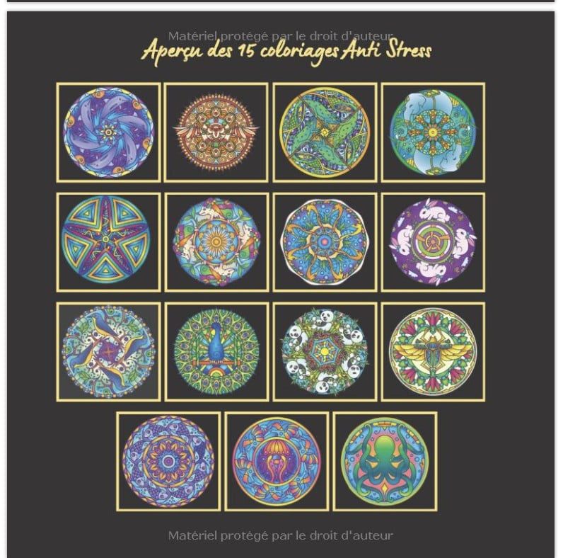 Mini Coloriage Mandala 15 Designs sur Fond Noir avec Modèles en Couleur