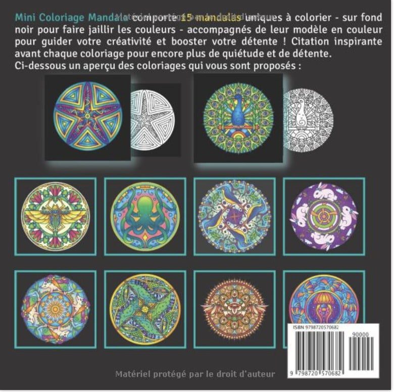 Mini Coloriage Mandala 15 Designs sur Fond Noir avec Modèles en Couleur