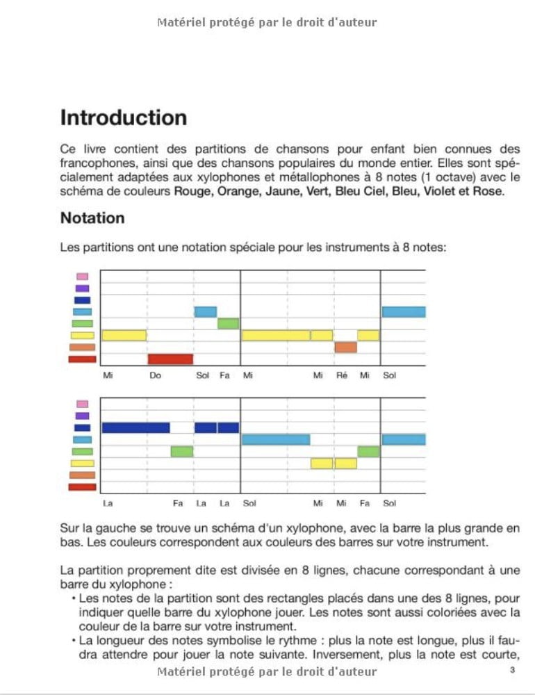 40 Partitions pour Xylophone à 8 Notes Adaptées aux instruments avec les couleurs