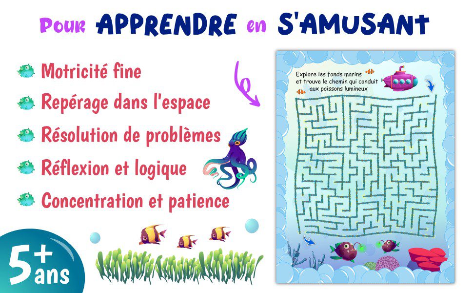 Labyrinthes sous l’eau Cahier de labyrinthes en couleurs sur la mer pour enfants