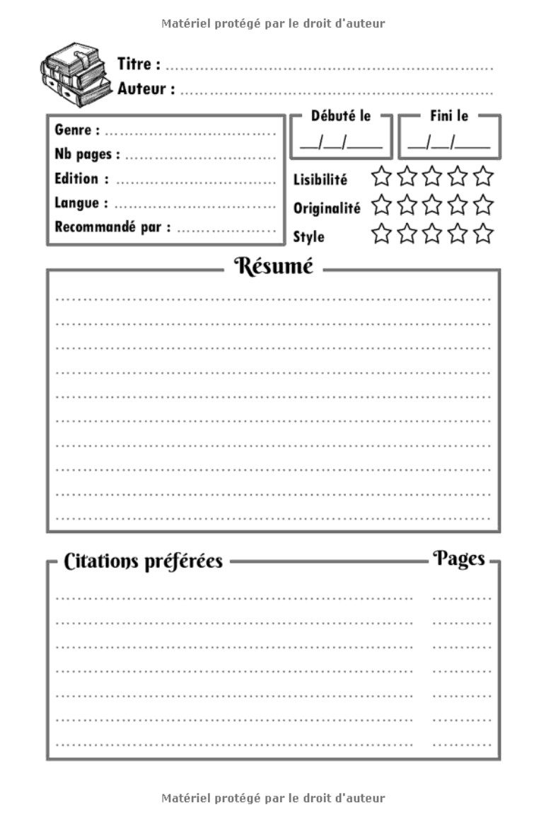 Carnet de lecture à remplir 100 fiches de lecture à compléter