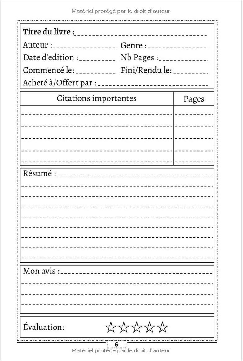 Carnet de lecture à remplir - Mon carnet de lecture Cahier et journal de lecture vide
