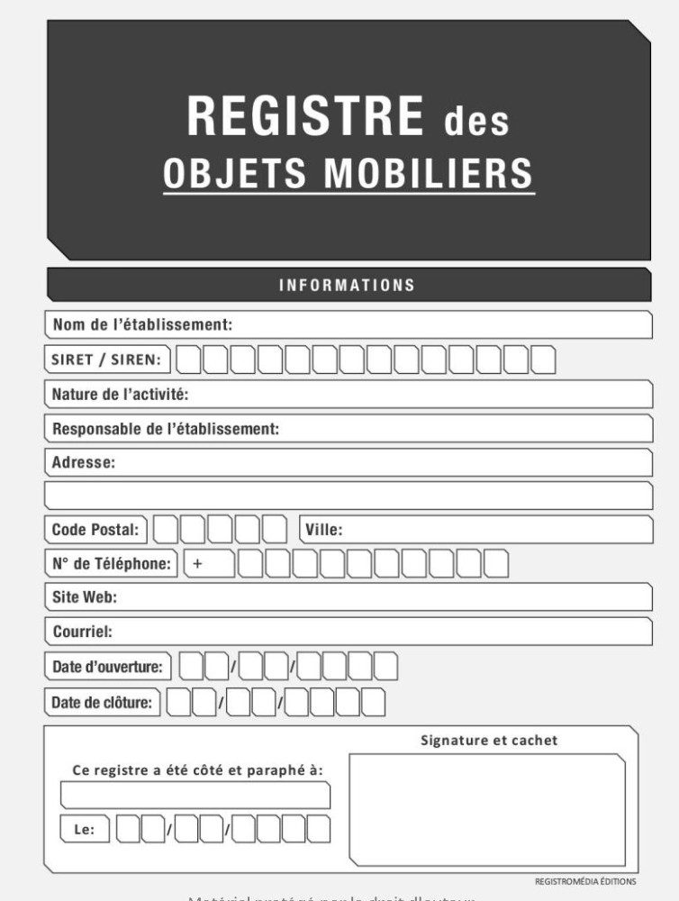 Registre des Objets Mobiliers Livre de Police Spécial Brocanteurs, Antiquaires, Friperies, Dépôts Ventes, Vide-Greniers et Garagistes