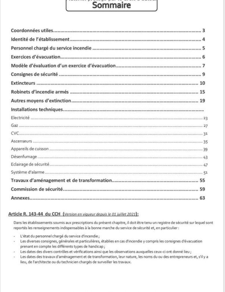 Registre de sécurité incendie ERP -