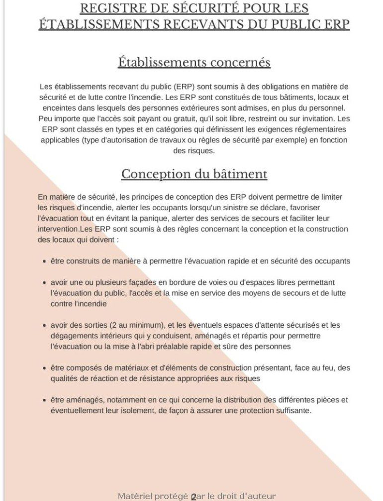 REGISTRE DE SÉCURITÉ INCENDIE réglementation des ERP, pour les établissement recevants du public