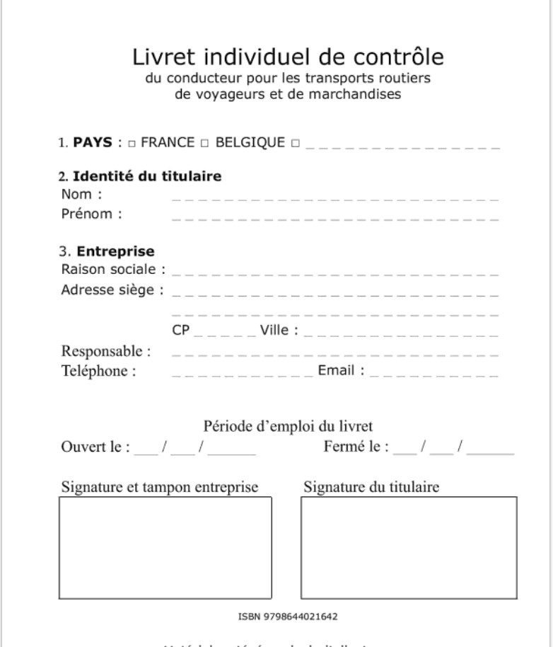 Livret individuel de contrôle du conducteur pour les transports routiers de voyageurs et de marchandises Feuillets simples pour les activités de 21 semaines