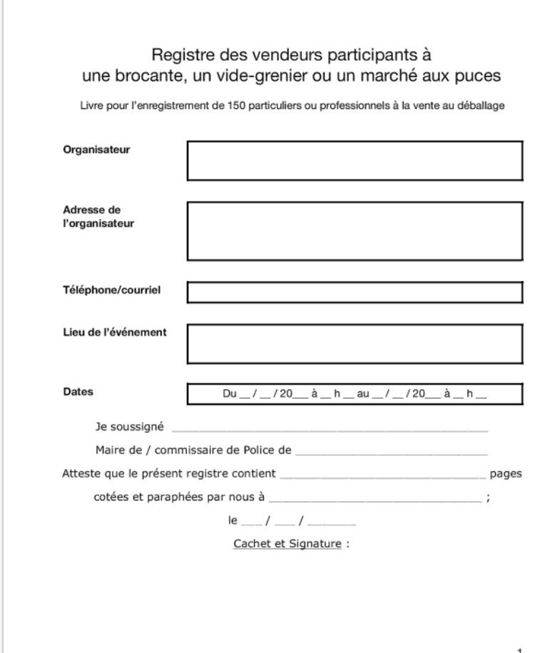 Registre des vendeurs participants à une brocante, un vide-grenier ou un marché aux puces