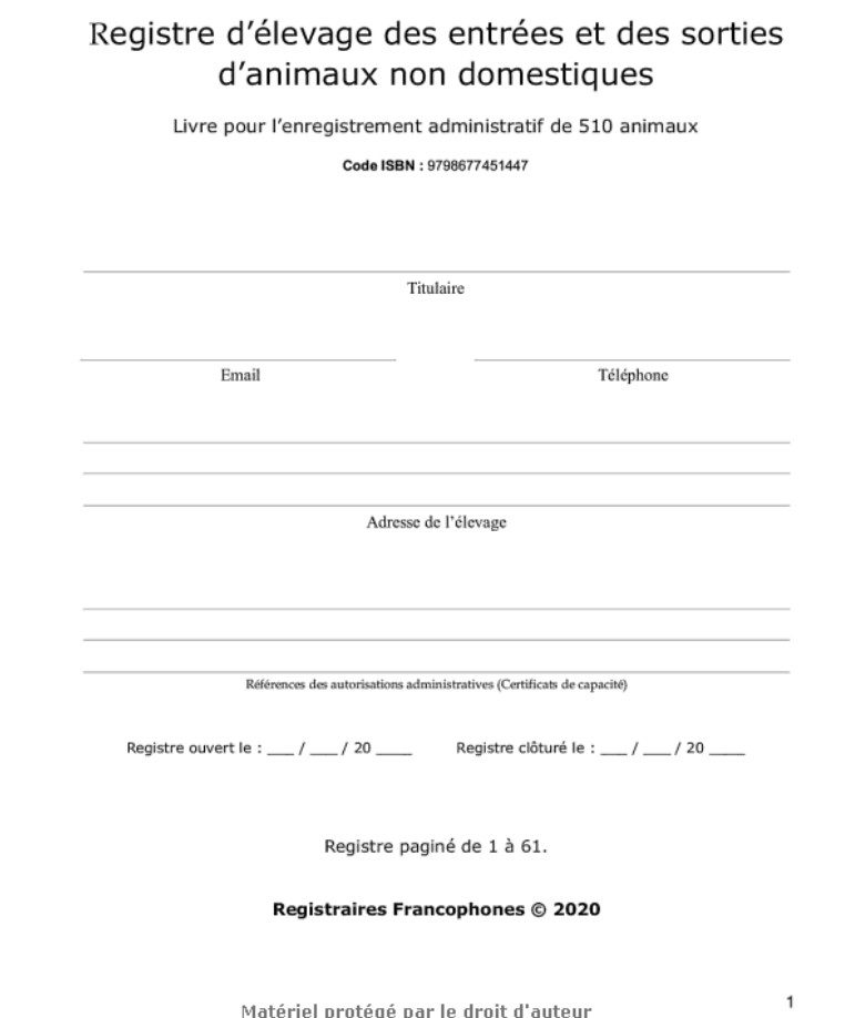 Registre d’élevage des entrées et des sorties d’animaux non domestiques Livre pour l’enregistrement administratif