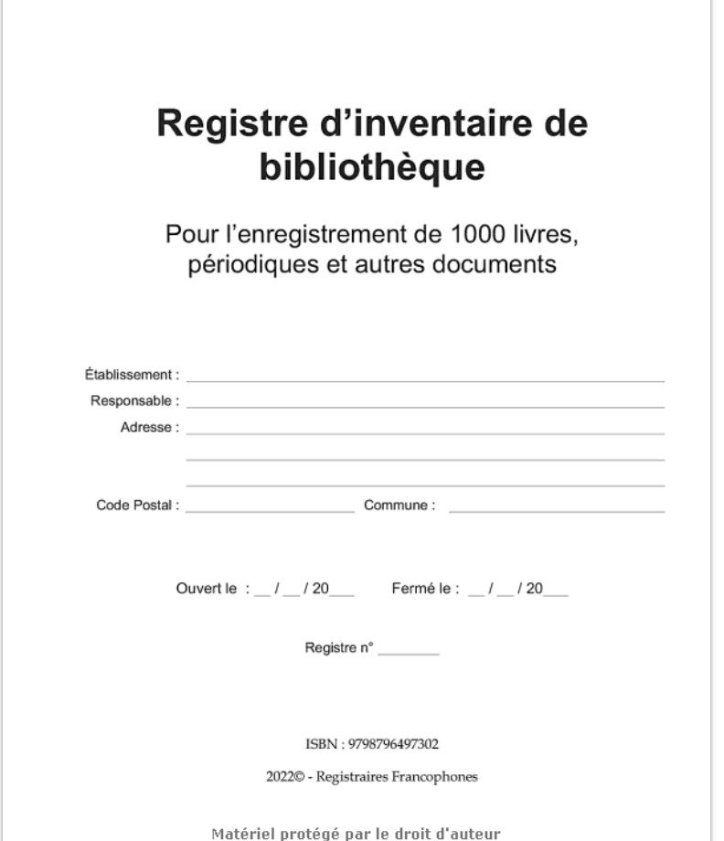 Registre d’inventaire de bibliothèque Pour l’enregistrement de 1000 livres, périodiques et autres documents