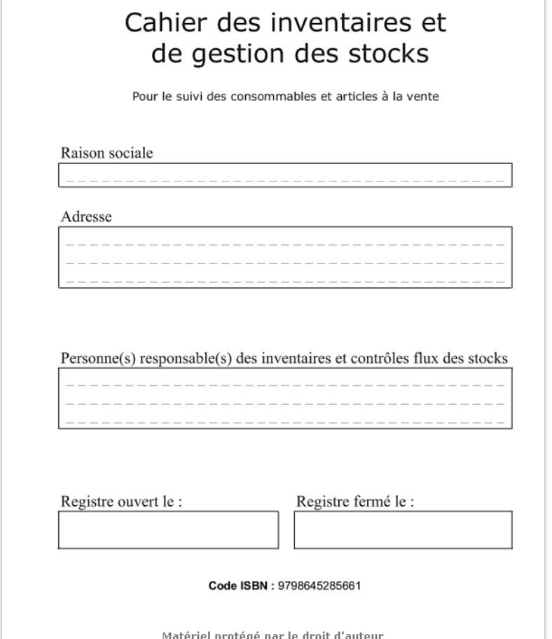 Cahier des inventaires et de gestion des stocks Pour le suivi des consommables et articles à la vente