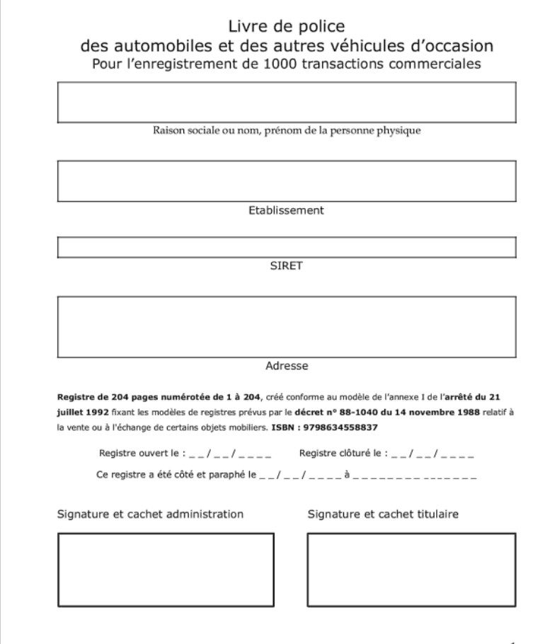 Livre de police des automobiles et des autres véhicules d’occasion