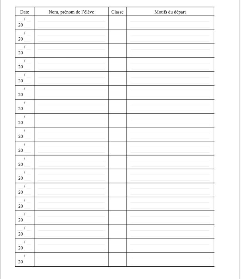Registre des sorties exceptionnelles des élèves d'un établissement scolaire