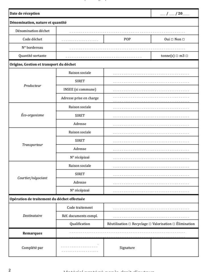Registre chronologique des déchets entrants Pour l'enregistrement de 200