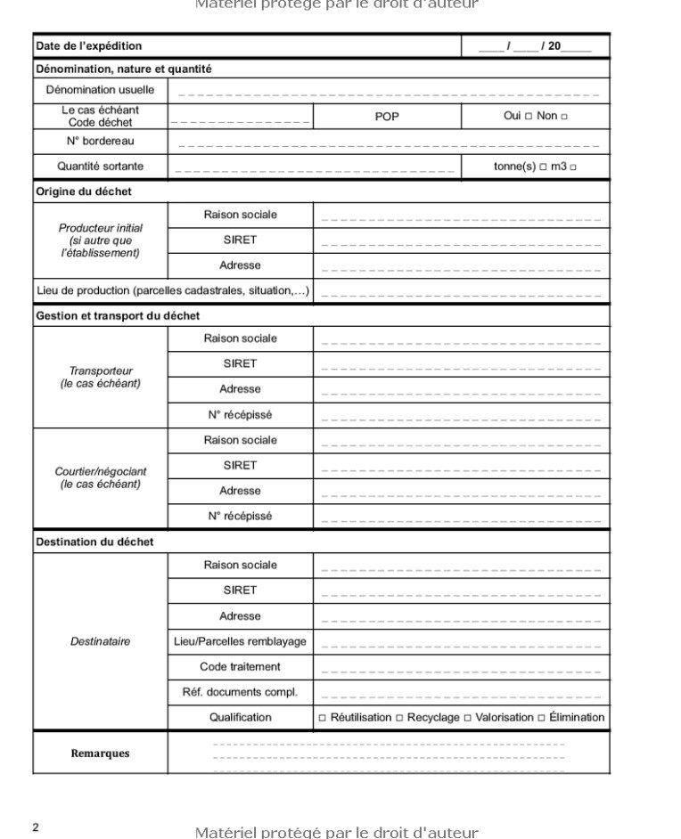Registre chronologique des productions ou expéditions de terres excavées et sédiments