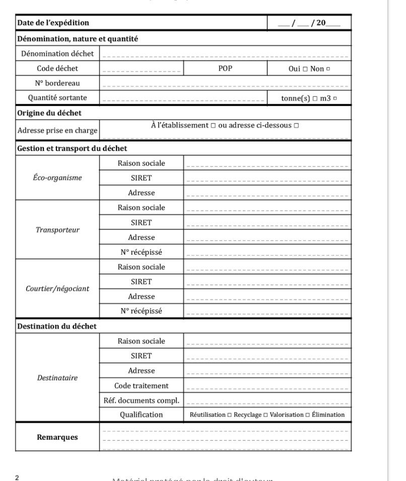 Registre chronologique des déchets sortants pour la consignation de 200 opérations