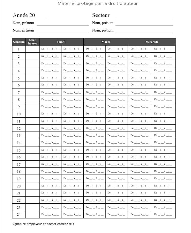 Registre des horaires de travail Pour l’organisation individualisée de 20 secteurs