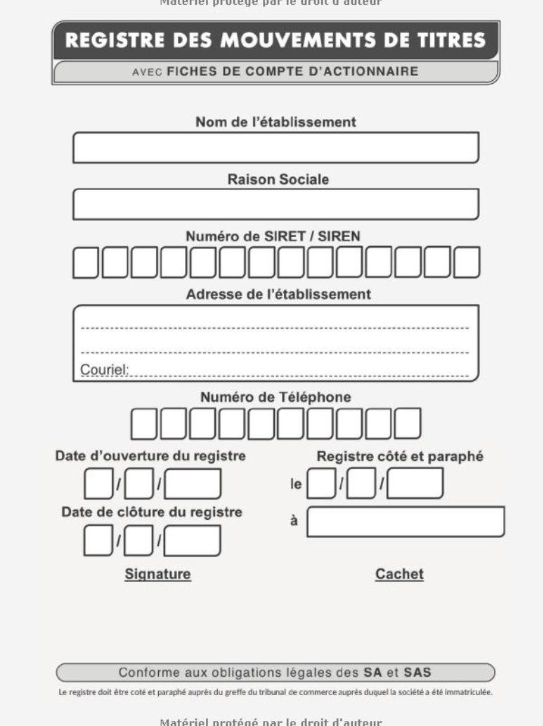 Registre des Mouvements de Titres Conforme Législation Française, Enregistrement d'Acquisitions et Cessions d'Actions pour Sociétés SA et SAS