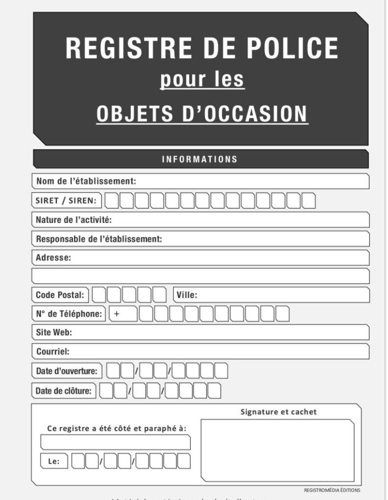 Registre de Police Objets d'Occasion Registre des Objets Mobiliers obligatoire pour Friperies, Dépôts Ventes, Vide-Greniers,