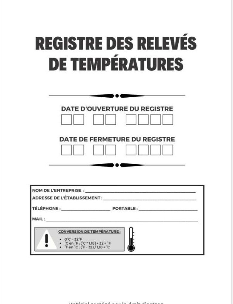 Registre de relevés des températures carnet de relevé et suivi des températures, frigo, cuisine, restaurants
