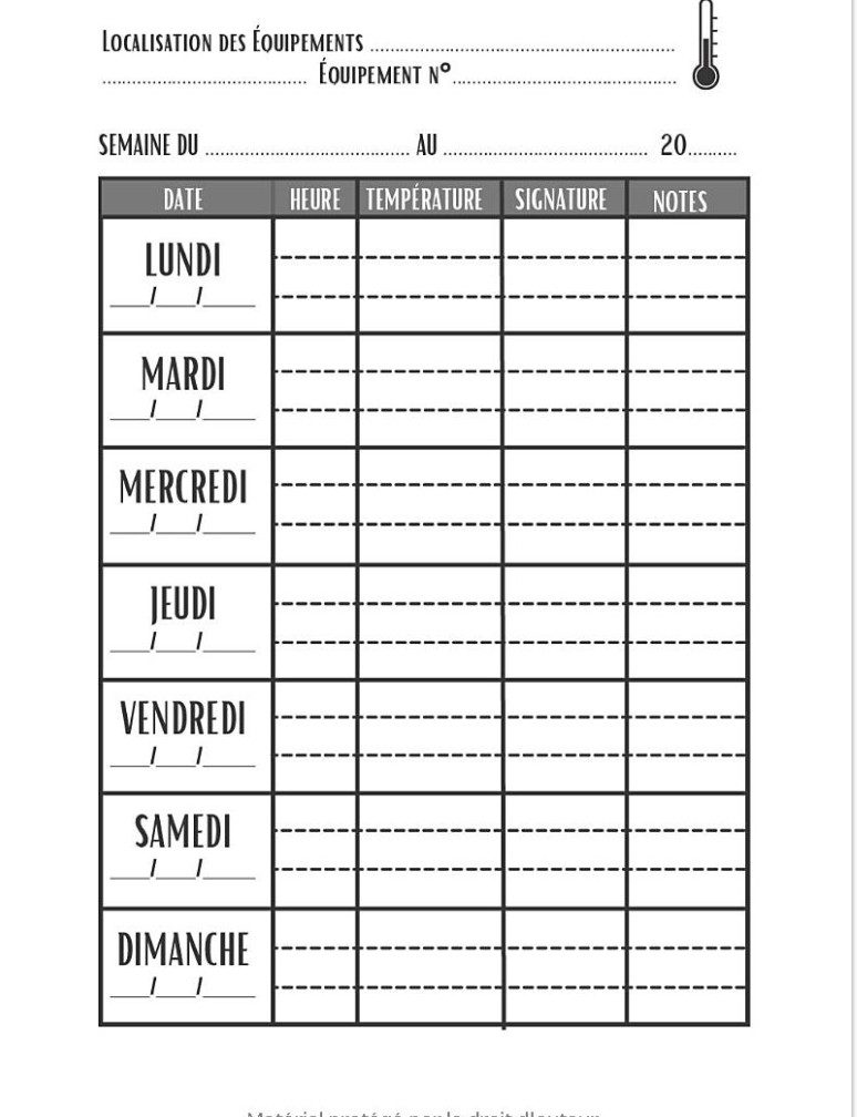 Registre de relevés des températures carnet de relevé et suivi des températures, frigo, cuisine, restaurants