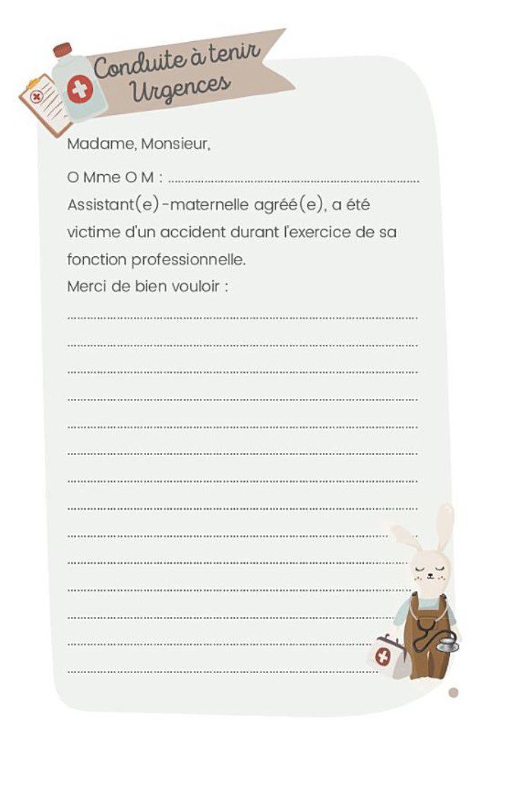 Carnet à consulter en cas d'accident et urgences Assistante-maternelle Recueil de données à destination des secouriste en cas d'urgences