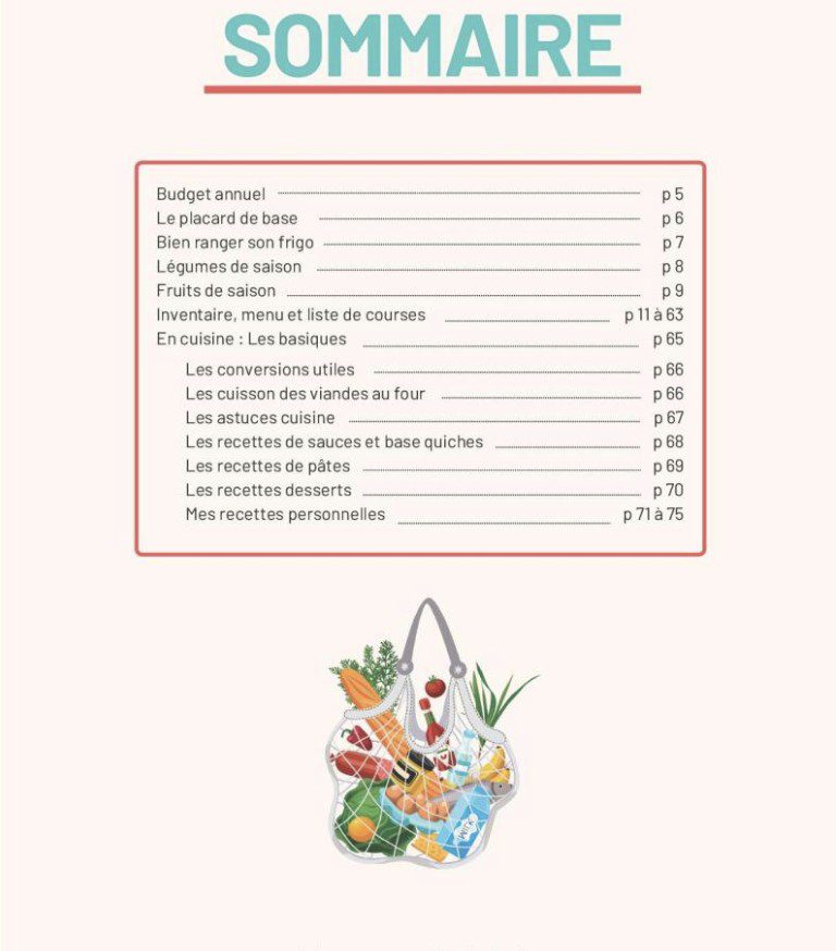 Planificateur de Menu et liste de Courses avec suivi du budget Carnet en couleur