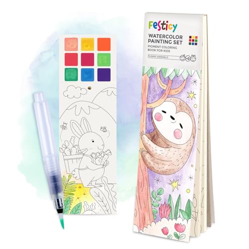 Festicy Cahier de Coloriage Aquarelle avec Pinceau Magique - 25 Pages d'Animaux pour Enfants dès 2 Ans