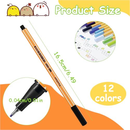 Stylo Feutre Pointe Fine 12 Couleurs Intenses pour Dessin, Coloriage, Bullet Journal
