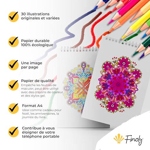 Finoly Mandalas à Colorier pour Adultes : Anti-Stress, A4, Reliure Spirale, Papier Premium